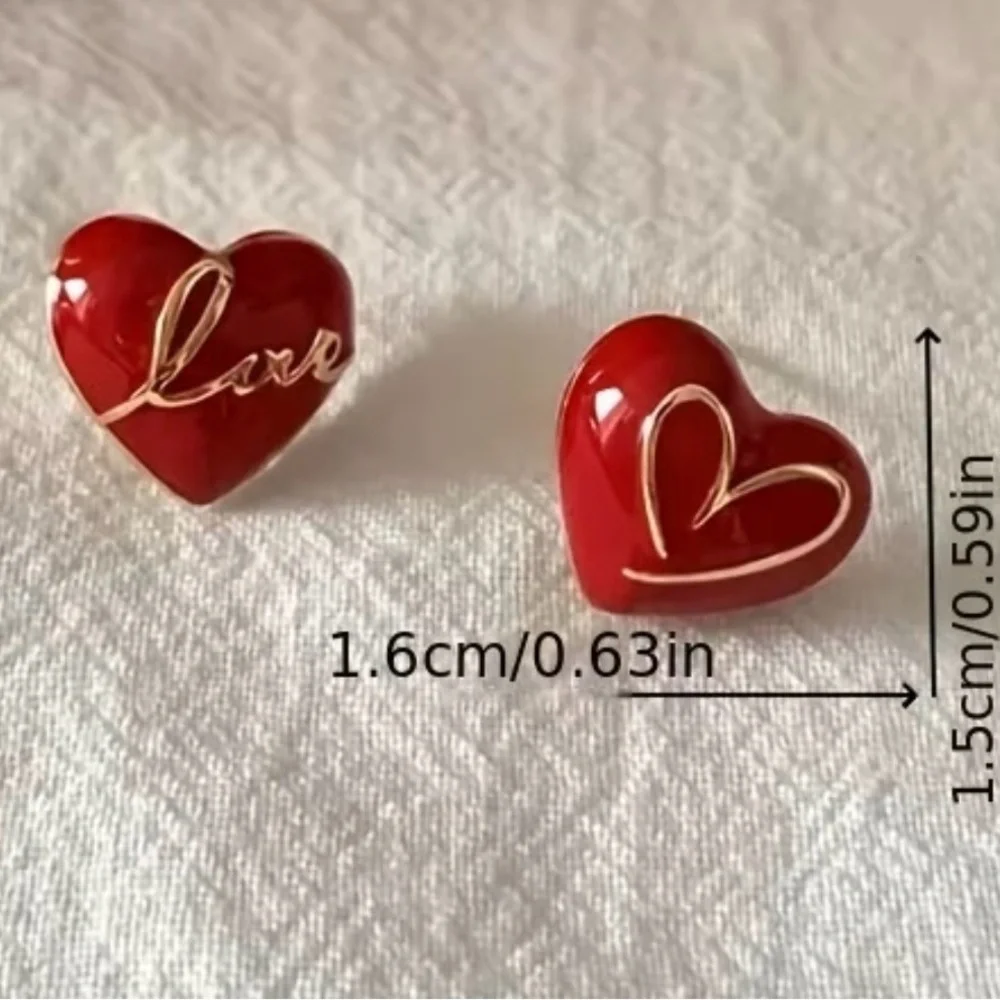Red Heart Earrings with Love Script Enameled Hypoallergenic
